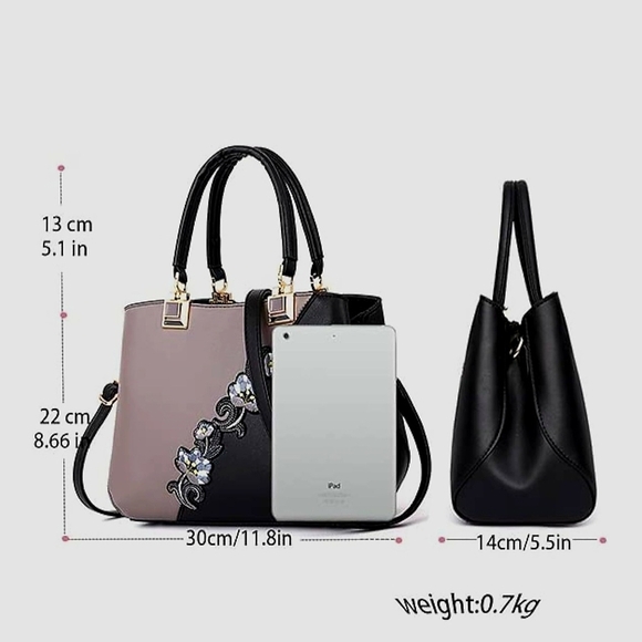 ELDA NWOT Black & Gray Floral Embroidery Daily Use Durable Shoulder & Tote Purse - Picture 3 of 11